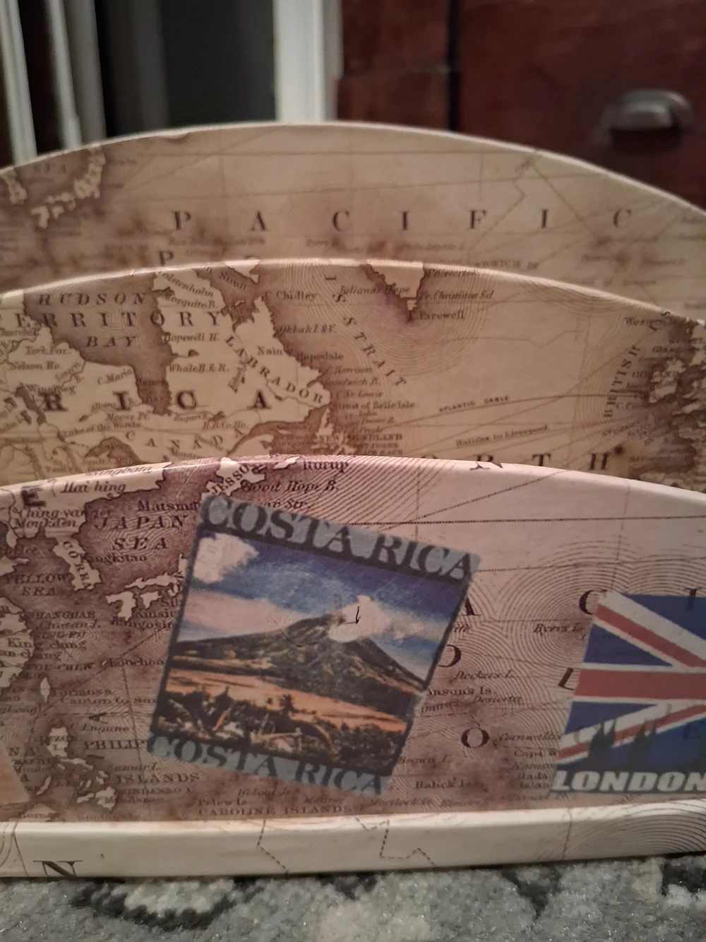 Vintage Travel-Print Wooden Letter Organizer in Beige
